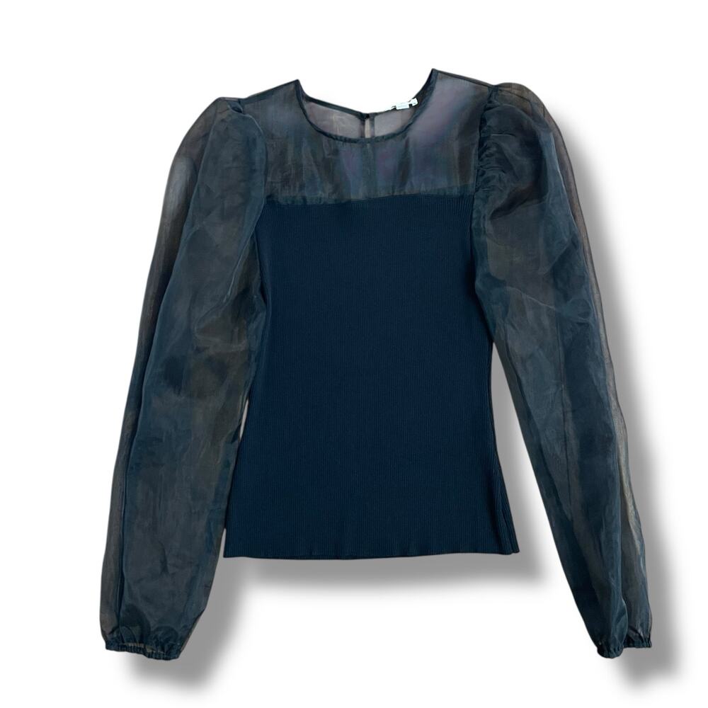 Black‎ Sheer Puff Sleeve Top Ribbed Knit Romantic Coquette Blouse L